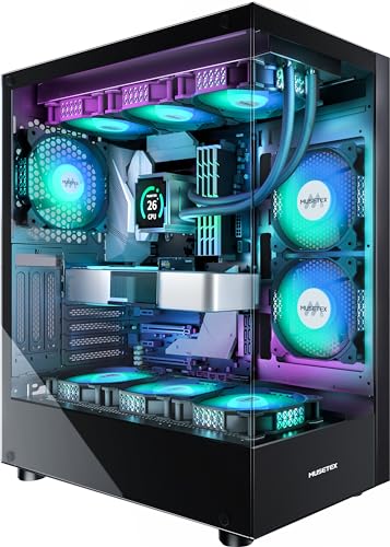 MUSETEX PC CASE ATX 6 PWM ARGB Fans Pre-Installed, Type-C Mid Tower Computer Case with Full View Dual Tempered Glass, Gaming PC Case,Black(K2) - K2 CASE