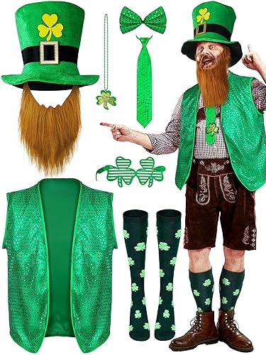 Yinder 8 Pcs St Patrick's Day Costume Set Sequin Vest Shamrock Leprechaun Hat Irish Faux Mustache Glasses Necklace Socks - Standard
