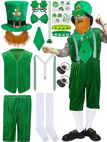 Leumoi 16 Pcs St. Patrick's Day Party Costume Include Leprechaun Hat with Beard Vest Suspender Shorts Bow Tie Shamrock Necklace Glasses Long Socks Gold Shoe Buckles Stickers for Irish Party Decoration
