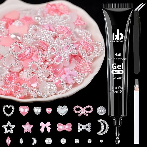1200Pcs 3D Multi Shapes Nail Charms and Flatback Pearls, White&Pink Mix styles Heart Star Bow Sunflower Embellishments for Nail Art, Craft and Decoration with Glue Gel, Tweezer and Pickup Pencil - Set 1-White&Pink