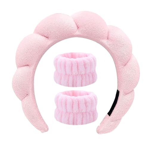 Fecawd Skincare Headbands for Women, Sponge Makeup Headband Set, Spa Headband for Washing Face Wristband Set, Puffy Headwear for Makeup Removal Hair Accessories Terry Cloth Hair Band(Pink) - Pink