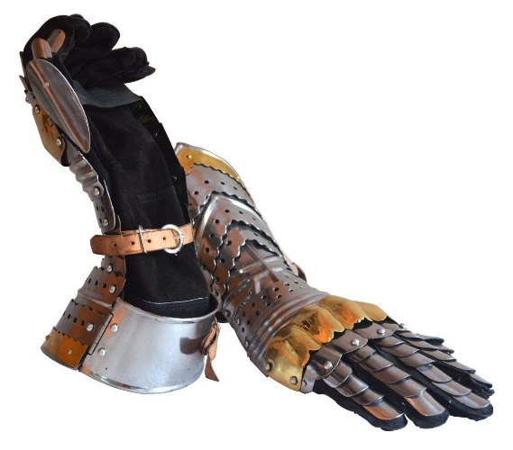 Medieval Halloween Costume Articulated Gauntlets with Brass Accents - 