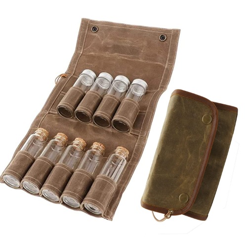 ULUZE Camping Spice Kit Travel Spice Holder Hiking Spices Set bushcraft Spice kit and Oil Pouch Spice Jar with Storage Bag Portable Spice Seasoning Bag - 9PCS Khaki