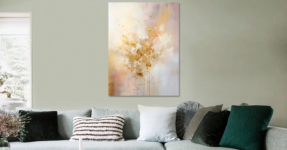 Abstract schilderij - roze, wit, amber en goud van Joriali op canvas, behang en meer