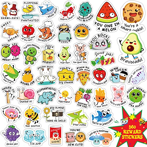 560 Pieces Punny Fun Reward Stickers for Kids Punny Labels Motivational Stickers Inspiration Positive Accents Teacher Supplies Stickers for Students Classroom Cute Incentive Stickers for School Chart - Reward stickers A