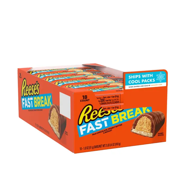 REESE'S FAST BREAK Milk Chocolate covered Peanut Butter and Nougat Candy, Bulk Candy, 1.8 oz Bar (18 ct) - 18 Count (Pack of 1)