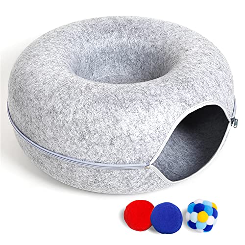 Large Cat Tunnel Bed for Indoor Cats with 3 Toys, Scratch Resistant Donut Cat Bed, Up to 30 Lbs (L 24x24x11, Light Grey) - L(24x24x11) - Light Grey
