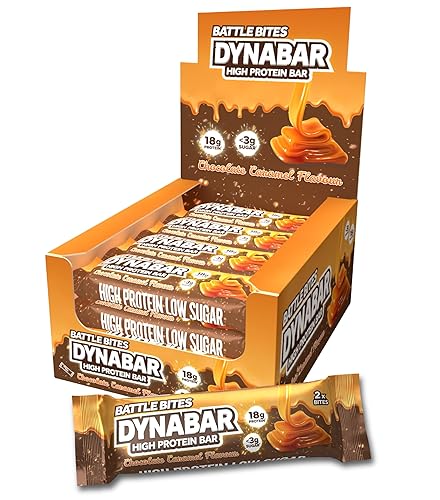 Battle Bites Dynabar High Protein Bars 12 x 60g - Chocolate Caramel Flavour - Low in Sugar, Free from Preservatives, Non-GMO, Suitable for Vegetarians - 18g protein + 243 calories per bar - Made in UK
