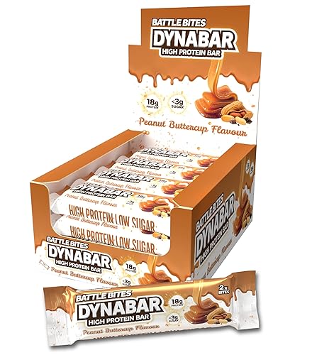Battle Bites Dynabar High Protein Bars 12 x 60g - Peanut Butter Flavour - Low in Sugar, Free from Preservatives, Non-GMO, Suitable for Vegetarians - 18g protein + 226 calories per bar - Made in UK - Peanut Butter - 12 Count (Pack of 1)