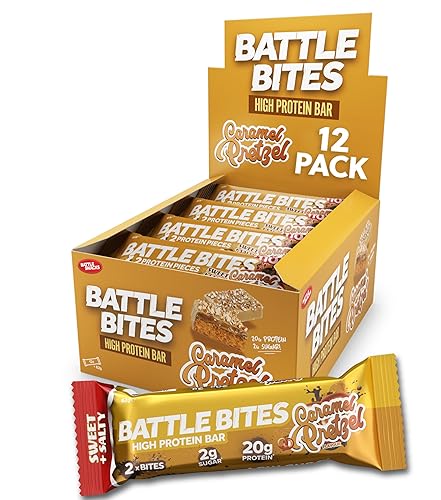Battle Bites High Protein and Low Carb/Sugar Bars 12 x 62 g - Caramel Pretzel - Caramel Pretzel - 12 Count (Pack of 1)