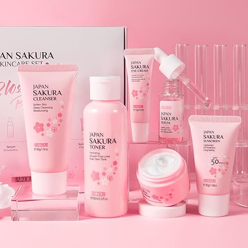 LAIKOU Skincare Gift Set for Teenage Girls, JAPAN SAKURA Skin Care Sets & Kits Gift Set for Women with Cleanser,Toner,Serum,Eye Cream,Face Cream,Sunscreen for Pores, Moisturizing Travel Kit 6pcs - Sunscreen 6pcs