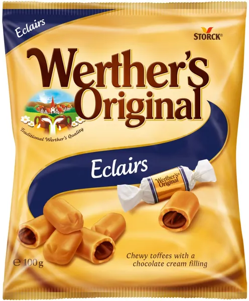 Werther's Original Éclairs Bag, Chewy Toffees with a Decandent Chocolate Cream Centre, 100 g