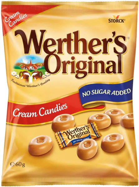Werther's Original Cream Candies No Sugar Added Bag, Irresistible Cream and Caramel Flavours with Lower Sugar, 60 g