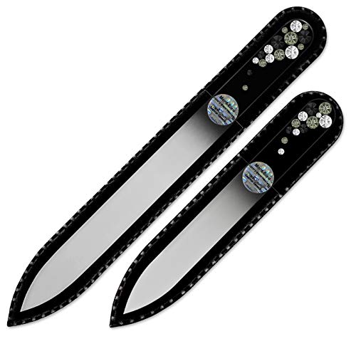 Mont Bleu Set of 2 Black Glass Nail Files Hand Decorated with Crystals - in Black Velvet Sleeve - Gifts for him - Alternative to Metal Nail Files Emery Boards & Buffer - Nail Supplies - Black Diamond