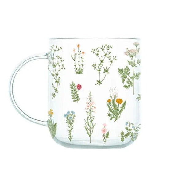 Grass Plant Botanical Cottagecore Pattern Glass Coffee Cup - 450ml Mug / Drinkware