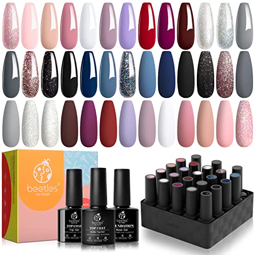 beetles Gel Polish Nail Set 20 Colors Modern Muse Collection Nude Gray Pink Blue Glitter Manicure Starter Kit with 3 Pcs Base Matte and Glossy Top Coat for Women - 20 Colors Modern Muse