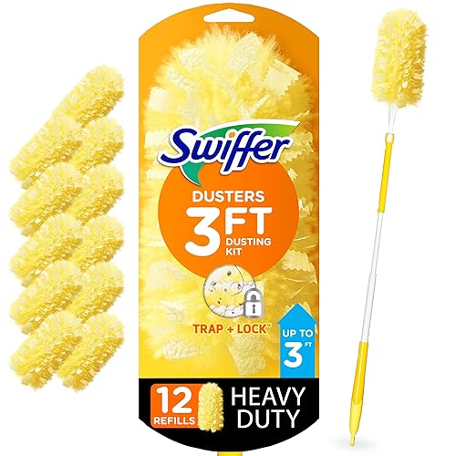 Swiffer Duster Heavy Duty Dusting Kit, Cleaning Supplies, 3 ft Extended Handle, 1 Duster, 12 Refills - 1 Kit