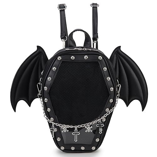 ENJOININ Gothic Coffin Shape Fashion Purses and Handbags for Women Halloween Shoulder Bag Backpack - Black Wings