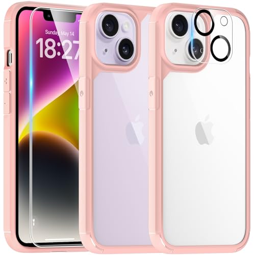 TAURI 5 in 1 for iPhone 14 Case Pink, [Not-Yellowing] with 2X Screen Protector + 2X Camera Lens Protector, [Military Grade Drop Protection] Shockproof Slim Phone Case for iPhone 14 - for iPhone 14 - Pink