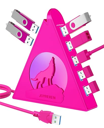 JoyReken Howling Wolf USB Hub - 7 USB 3.0 Ports - Hot Pink - Plug and Play - 2ft/1.2m Long Cable, for Laptop, PC, Flash Drive, HDD, Console, Printer, Keyborad, Mouse and More(Charging Not Supported) - Hot Pink