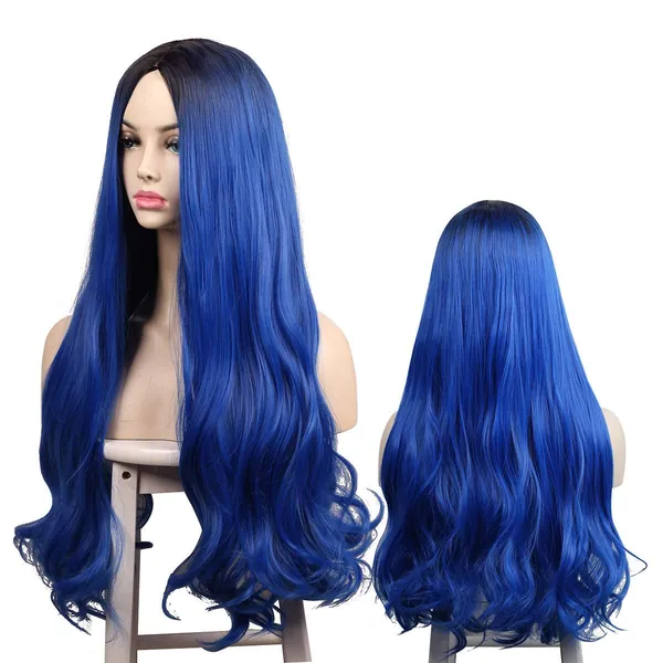 Perücke Blau Lang Ombre Schwarze Perücken für Frauen, Dunkle Wurzel Mittelteil Volle Natürlich Cosplay/Party/Kostüm Karneval Wig Damen 026B