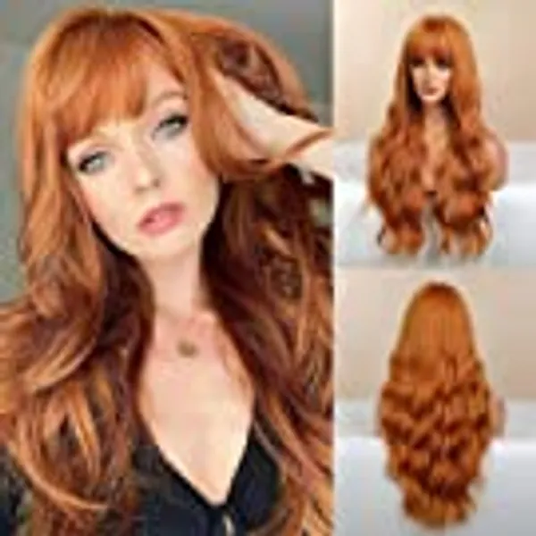 LEMEIZ Orange Wigs with Fringe, Halloween Wigs for Women, Long Curly Cosplay Wig, Synthetic Wig Orange Hair Wig 24 inch LEMEIZ-157