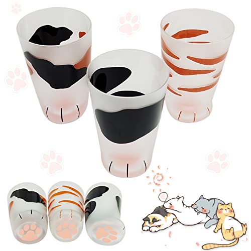 Cat Paw Glass Cup 3 Stück,Katze Pfoten Mattiert Glas Tasse,kreative Katzenklaue,Cat Paw Milk Mug, Milchglas-Tasse,Milch Katze Tassen,Büro, Frühstück Kaffee Becher 300ml (A+B+C) - A+b+c