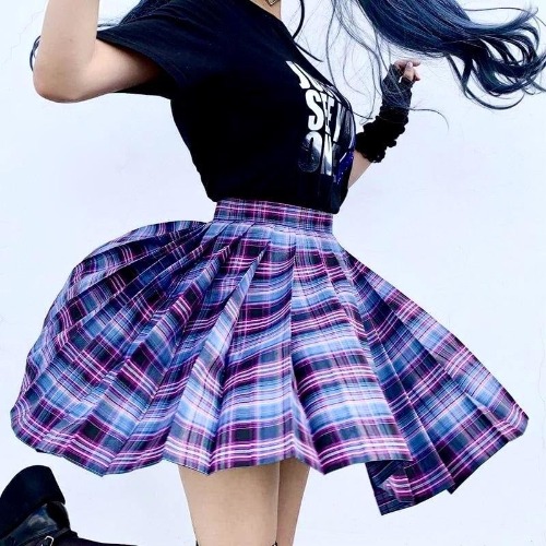Electric Plaid Skirt (17 Colors) | Dark Purple & Blue / M