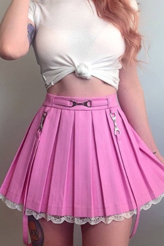 Lace Hemmed Pleated Skirt | Pink / M