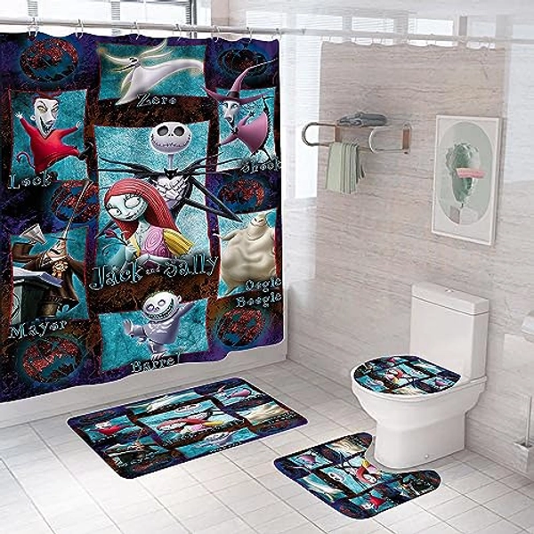 DDQTOUCH 4 Piece Nightmare Before Christmas Bathroom Sets with Mats and Shower Curtains, Jack Skellington and Sally Shower Curtain Waterproof Halloween Bathroom Decor Set with 12 Hooks (Color-9)