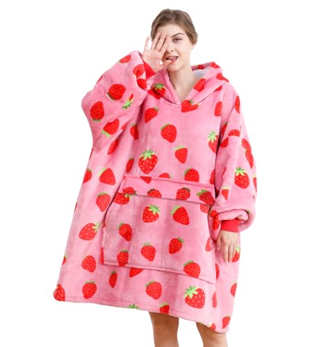Dietersler Wearable Blanket is Oversized Fluffy and Comfortable Plush Blanket，Warm Sherpa Sweatshirt，One Size for All - Strawberry
