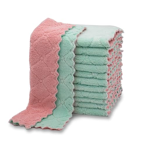 kimteny 12 Pack Kitchen Cloth Dish Towels, Premium Dishcloths, Super Absorbent Coral Velvet Dishtowels, Nonstick Oil Washable Fast Drying (Pink-Green) - Pink-green