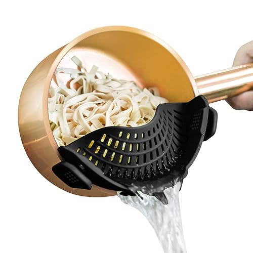 AUOON Clip On Strainer Silicone for All Pots and Pans, Pasta Strainer Clip on Food Strainer for Meat Vegetables Fruit Silicone Kitchen Colander - Black