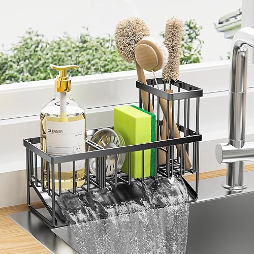 Cisily Sink Caddy, Sponge Holder for Kitchen Sink, Kitchen Sink Organzier with High Brush Holder, Rustproof Stainless Kitchen Gadgets Sink Accessories, Organizadores de Cocina, Patent 1038566S - Black