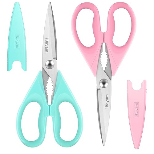 Kitchen Shears, iBayam Kitchen Scissors All Purpose Heavy Duty Meat Scissors Poultry Shears, Dishwasher Safe Food Cooking Scissors Stainless Steel Utility Scissors, 2-Pack, Pastel Pink, Mint Blue - Pastel Pink, Mint Blue - 2-Pack