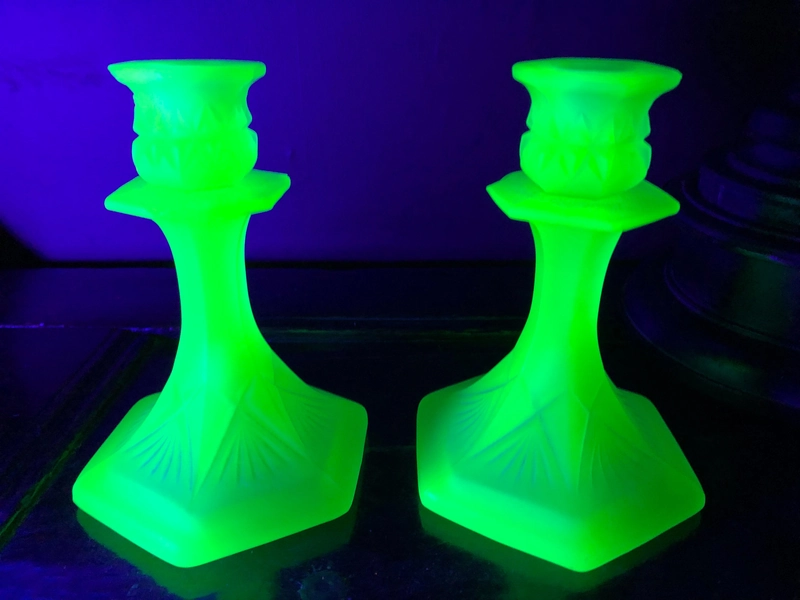 Art Deco Uranium Green Glass Candlestick Pair