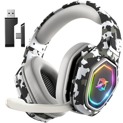 Ozeino Wireless Gaming Headset for Ps5, Ps4, PC, Gaming Headphones with Flip Mic and USB-A & USB-C Transmitter, 40Hr Battery Bluetooth Headset for Mobile, Mac, Laptop - Camouflage