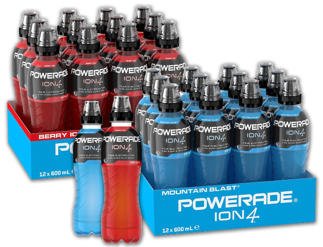 Powerade Bundle: Powerade ION4 Mountain Blast Sports Drink Multipack Sipper Cap Bottles 12 x 600mL and Powerade ION4 Berry Ice Sports Drink Multipack Sipper Cap Bottles 12 x 600mL