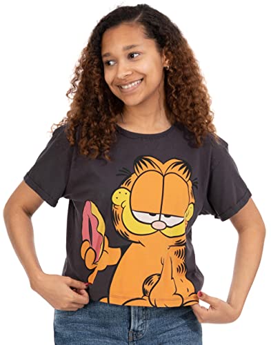 Garfield Cropped Tshirt Womens Ladies Doughnut Charcoal Top Clothes - Large
