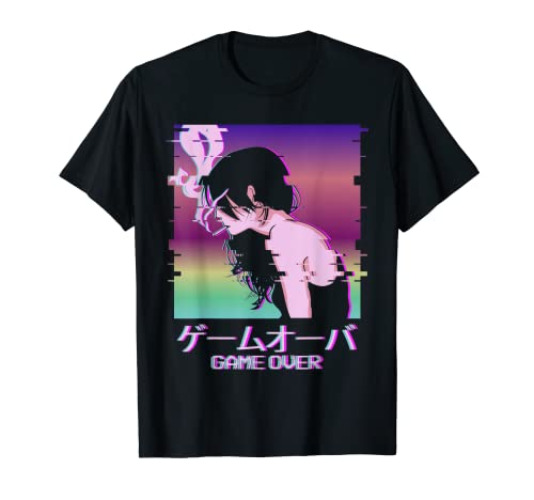 Japanese Vaporwave Sad Anime Girl Game Over Indie Aesthetic T-Shirt - Women's Plus - White - 6X