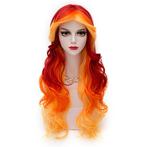 MQ Women Orange Yellow Wigs, Long Curly Wavy Wig for Girls 29.5 Inch Colorful Wigs Cosplay Costume Party Fluffy Wig Synthetic Charming Heat Friendly Ombre Wigs (Yellow to Orange to Red) - Orange
