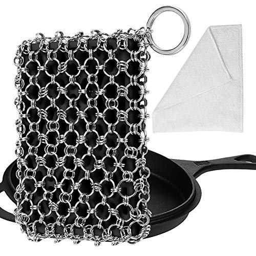 Cast Iron Chainmail Scrubber,Upgraded Iron Skillet Cleaner with Scouring Cloth,316 Stainless Steel Chain Scrub Metal Scraper Clean Care Accessories for Castiron Pan Griddle Frying Pan Wok (Black2) / Red