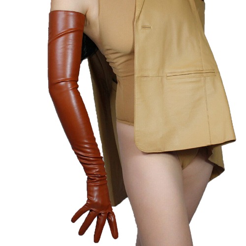 DooWay Women's Long Leather Dress Gloves 28 Inches Faux Leather Fashion Colors for Evening Opera arty Costume Cosplay - Caramel Brown