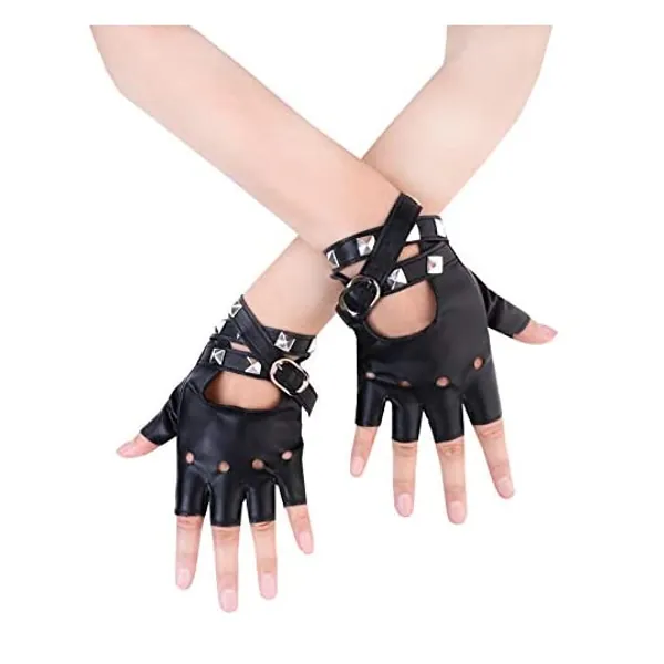 
                            JISEN Women PU Leather Punk Gloves Rivets Belt Up or Snap Half Finger Performance Mittens
                        