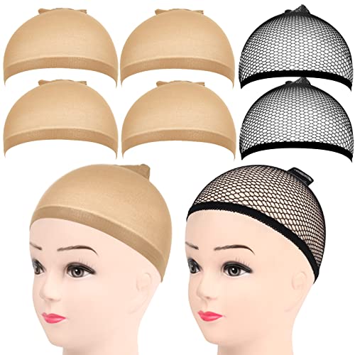 Wig Caps, FANDAMEI 6PCS Wig caps Includes 4PCS Light Brown Nylon Wig Caps and 2PCS Black Mesh Wig Caps Net. Wig Caps for Women, Closed End Hair Mesh Net Wig Caps. Nylon Wig Cap for Halloween, Cosplay. - Light Brown