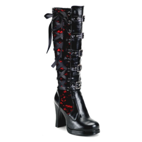 Black Vegan Leather Lace Knee High Boots