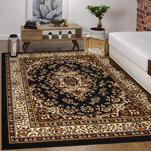 Antep Rugs Kashan King Collection Himalayas Oriental Polypropylene Indoor Area Rug (Black and Beige, 5' x 7') - 5' X 7' - Black and Beige