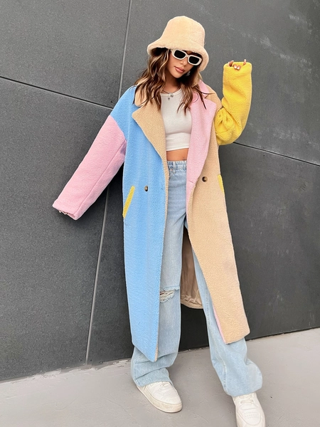 SHEIN Qutie Color Block Double Button Teddy Coat