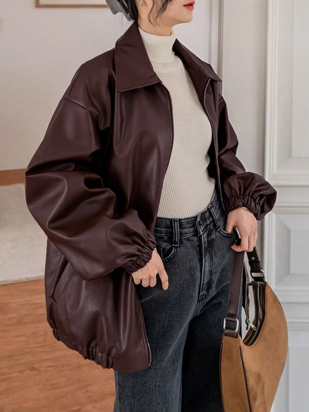 Dazy-Less Drop Shoulder Zip Up PU Leather Jacket