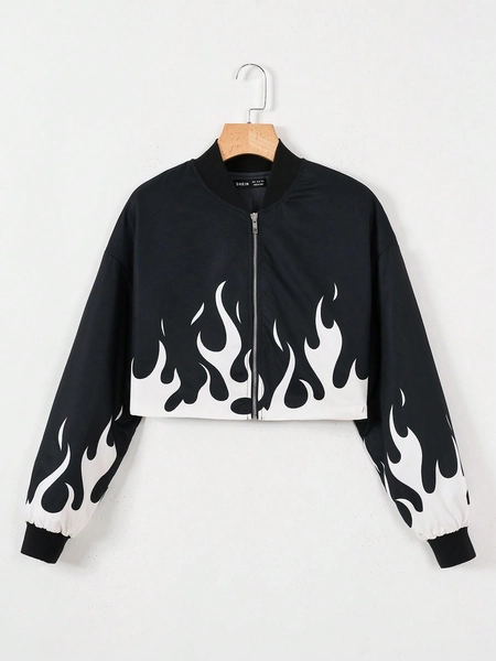 SHEIN Coolane Fire Print Zip Up Crop Jacket
